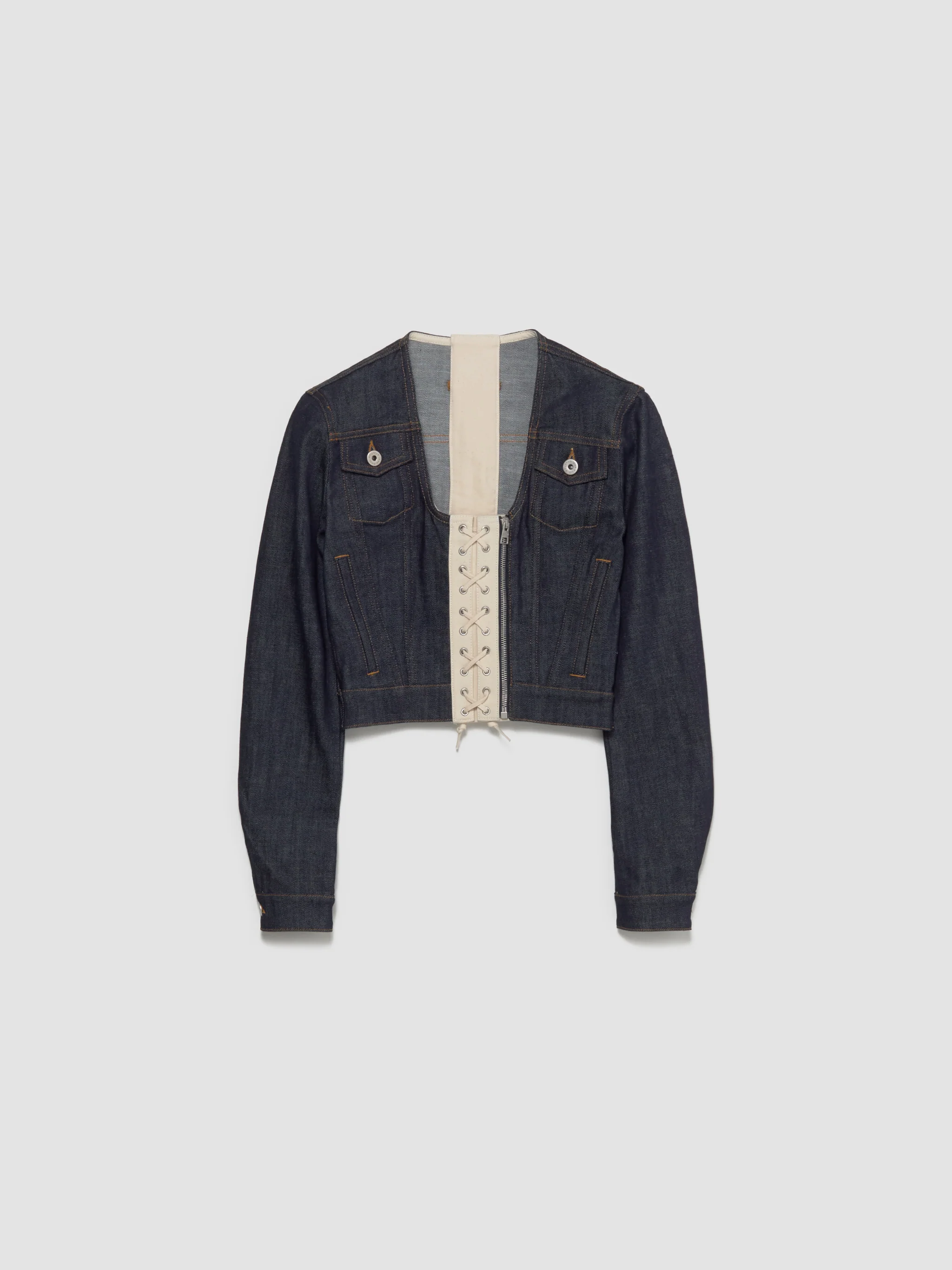 Contrasting Lace-Up Denim Jacket in Indigo