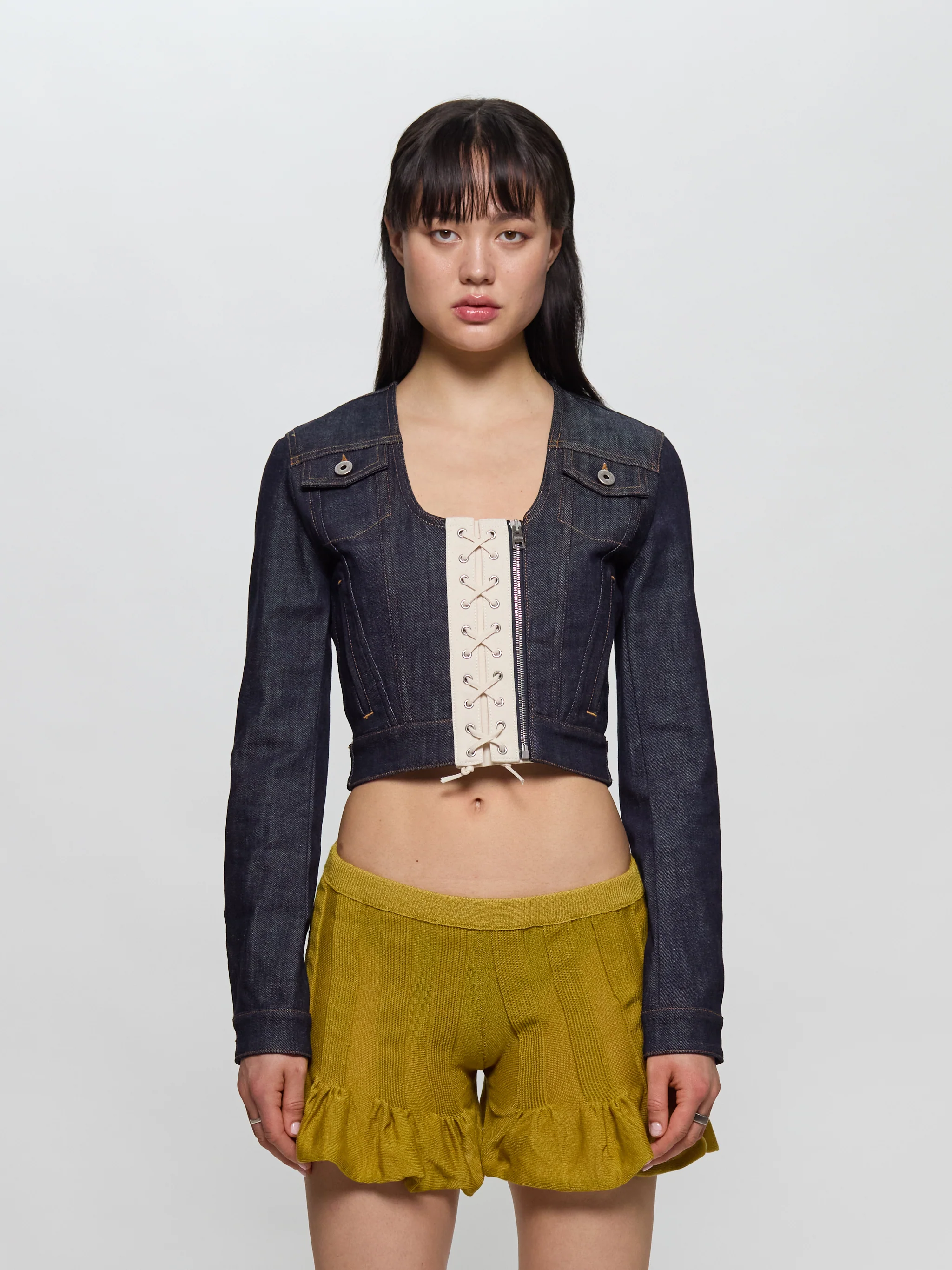 Contrasting Lace-Up Denim Jacket in Indigo - Image 2