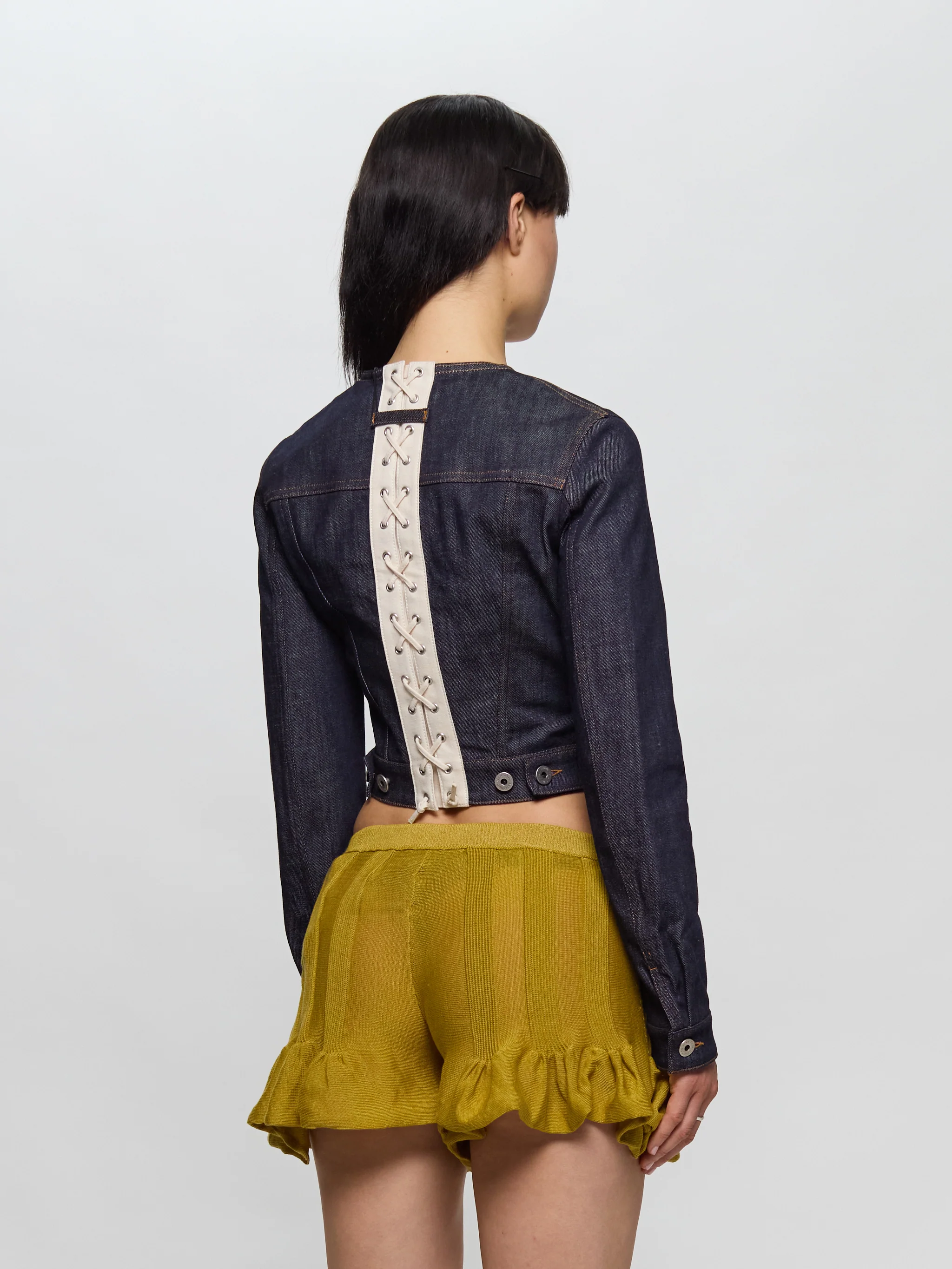 Contrasting Lace-Up Denim Jacket in Indigo - Image 3