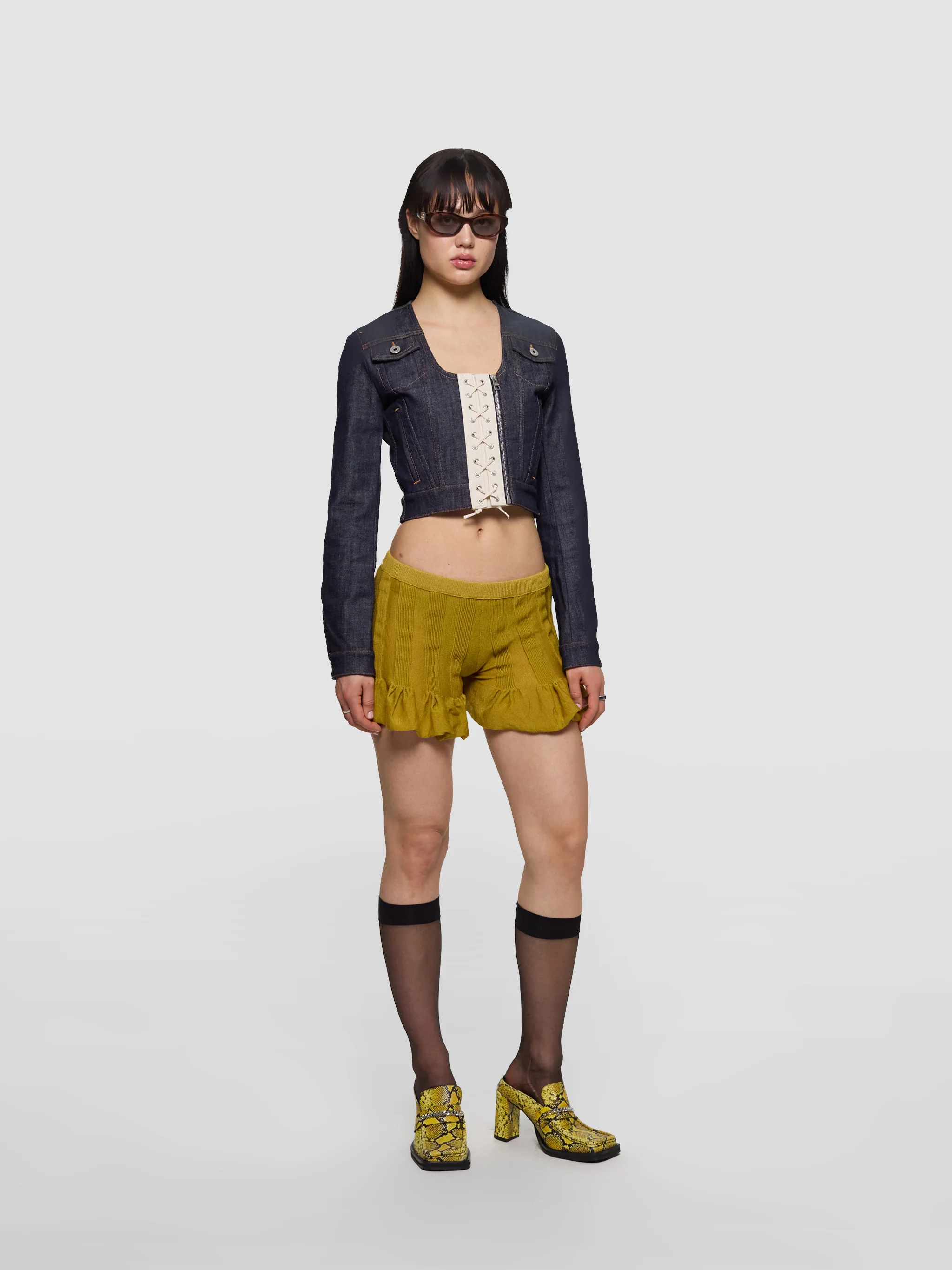 Contrasting Lace-Up Denim Jacket in Indigo - Image 4