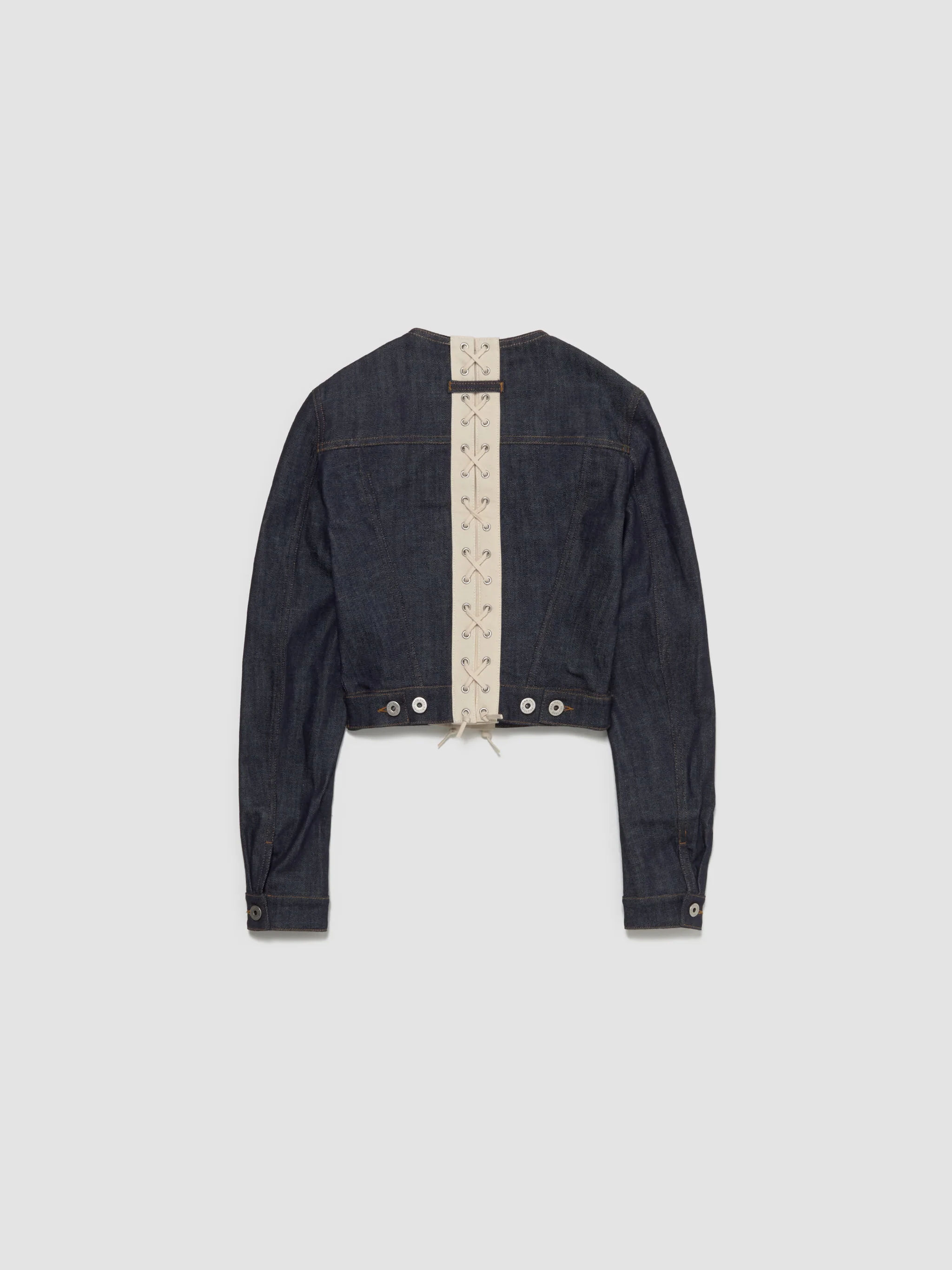 Contrasting Lace-Up Denim Jacket in Indigo - Image 6