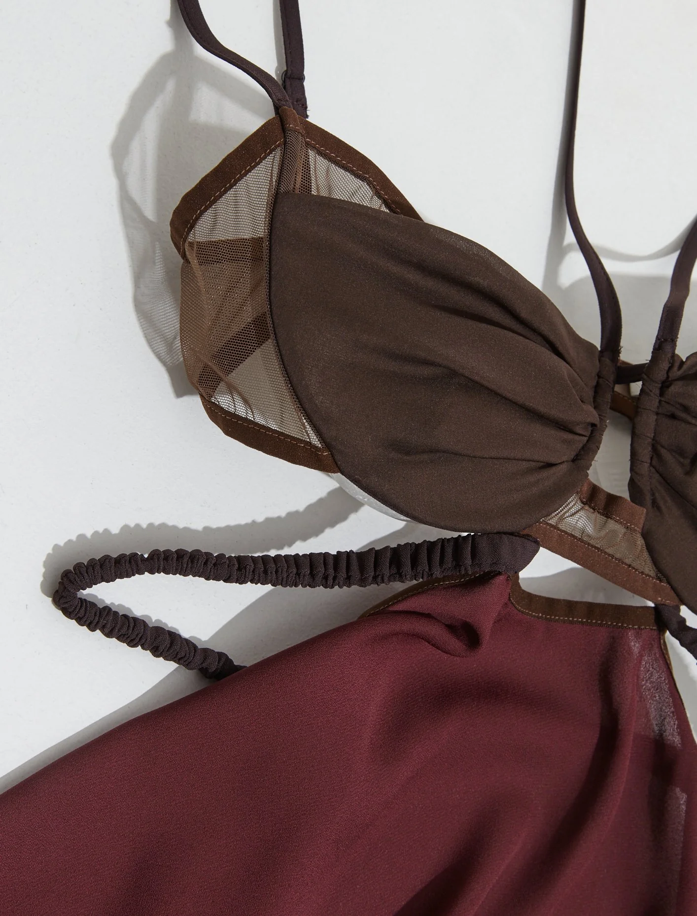 Draped Double Bra Dress with Rouched Straps in Burgundy - Image 2