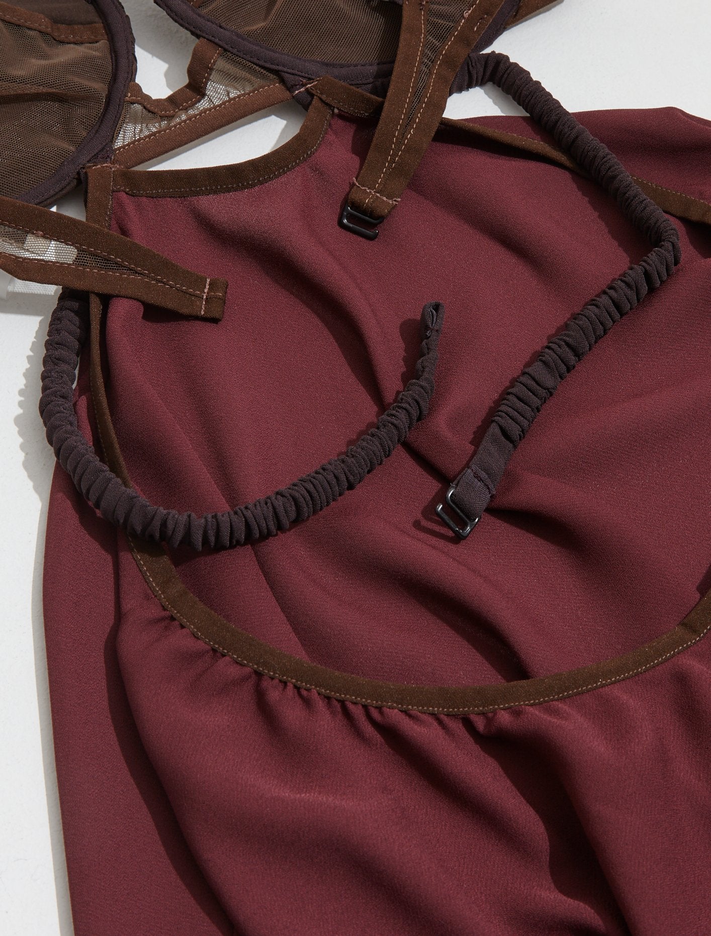 Draped Double Bra Dress with Rouched Straps in Burgundy - Image 3